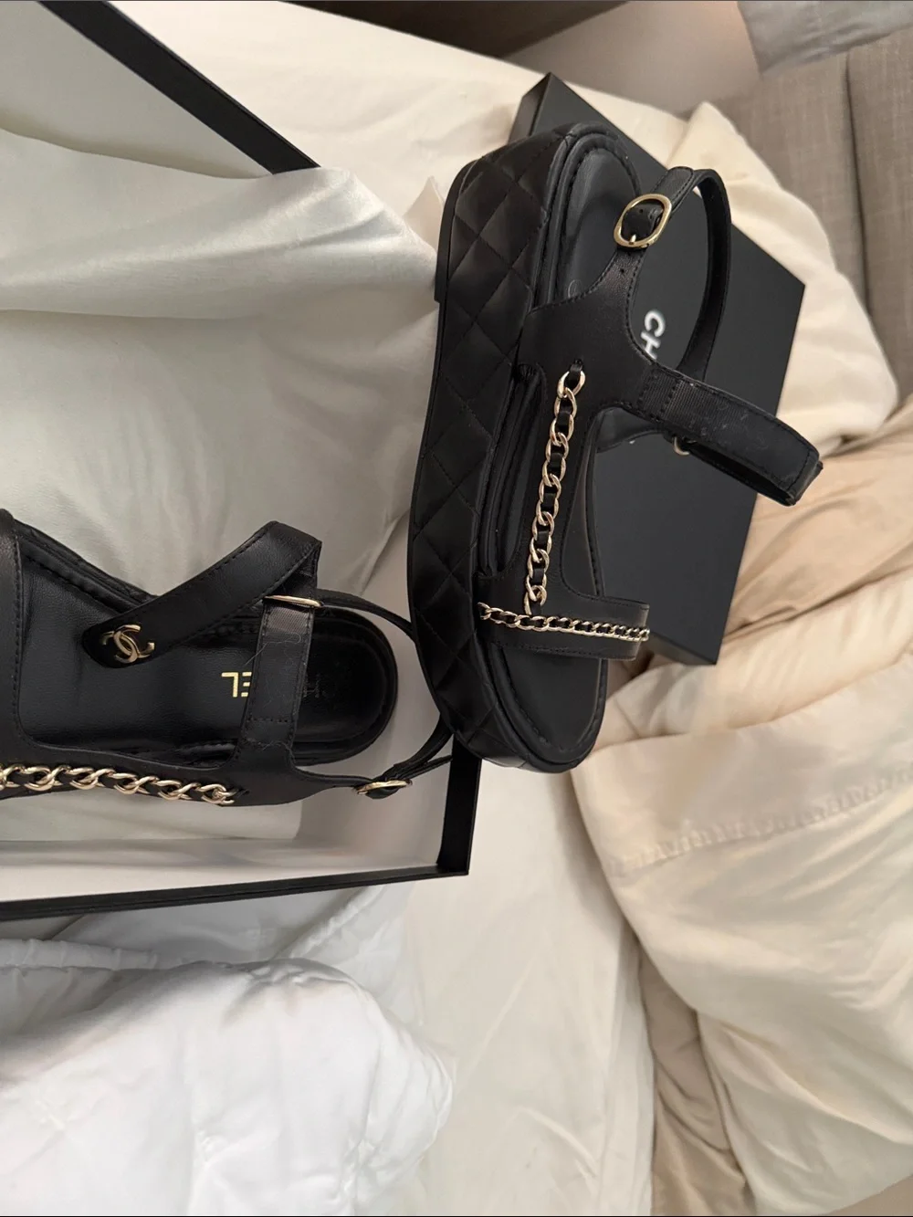 CHANEL Black Leather Sandals with Gold Chain Trim